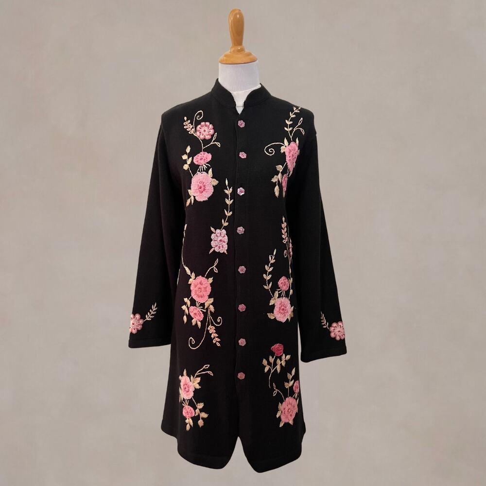 Vintage 90s Storybook Knits Radiant Floral Sweater Coat Black Embroidered L